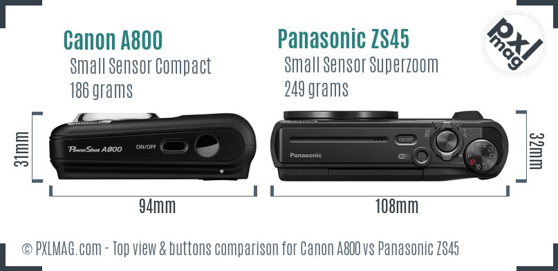 Canon A800 vs Panasonic ZS45 top view buttons comparison