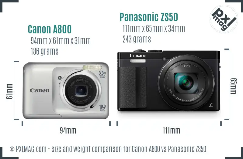 Canon A800 vs Panasonic ZS50 size comparison