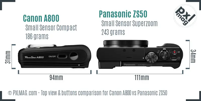 Canon A800 vs Panasonic ZS50 top view buttons comparison