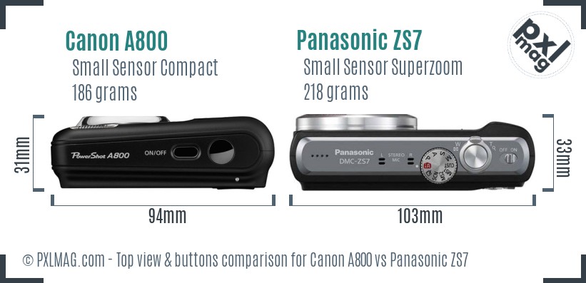 Canon A800 vs Panasonic ZS7 top view buttons comparison