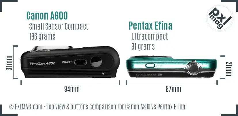 Canon A800 vs Pentax Efina top view buttons comparison