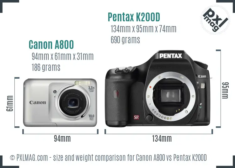 Canon A800 vs Pentax K200D size comparison