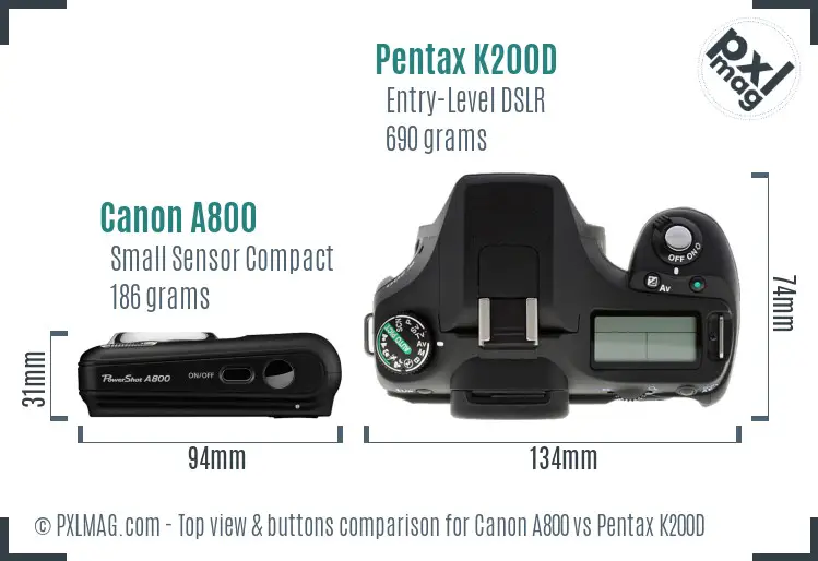 Canon A800 vs Pentax K200D top view buttons comparison