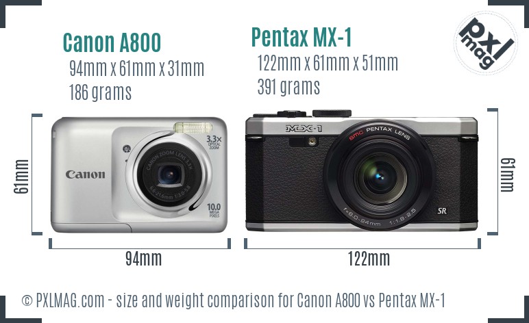 Canon A800 vs Pentax MX-1 size comparison