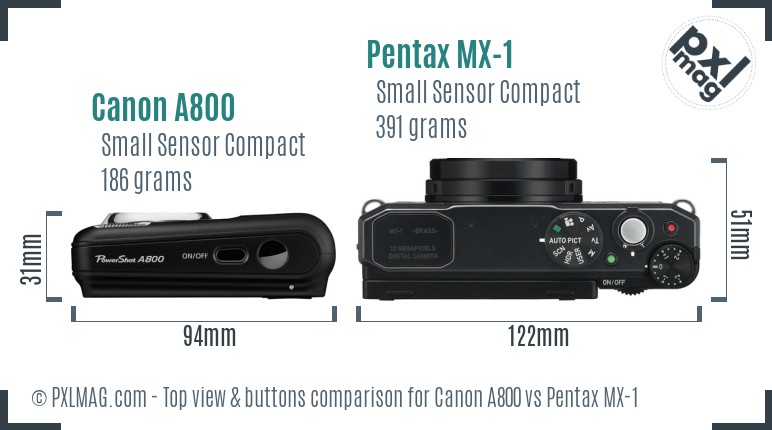 Canon A800 vs Pentax MX-1 top view buttons comparison