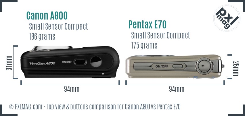 Canon A800 vs Pentax E70 top view buttons comparison