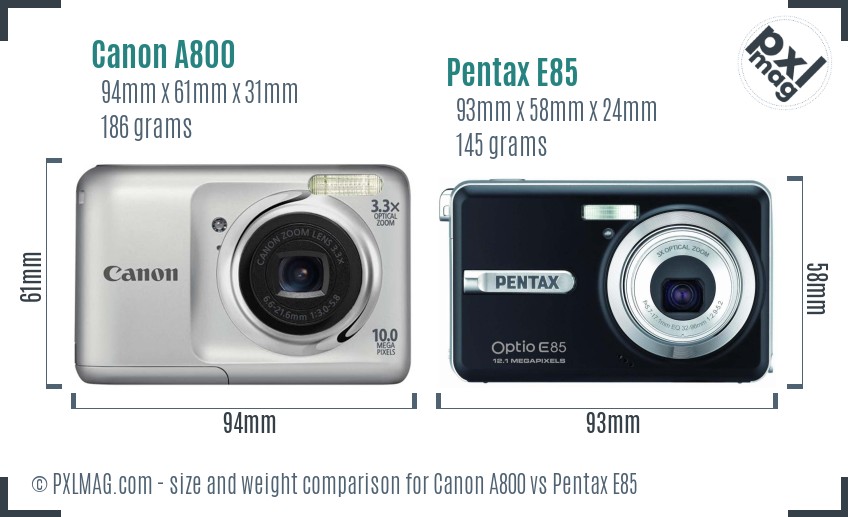 Canon A800 vs Pentax E85 size comparison Canon A800 vs Pentax E85 size comparison
