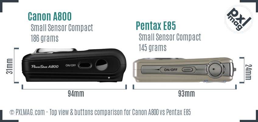 Canon A800 vs Pentax E85 top view buttons comparison