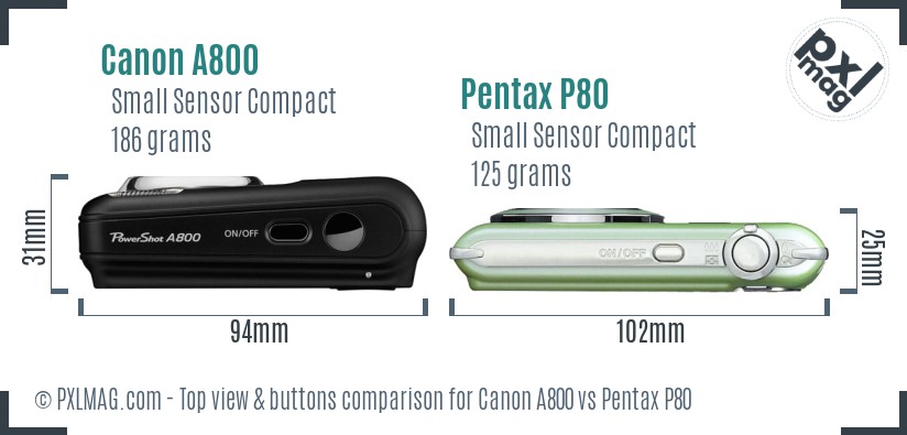 Canon A800 vs Pentax P80 top view buttons comparison