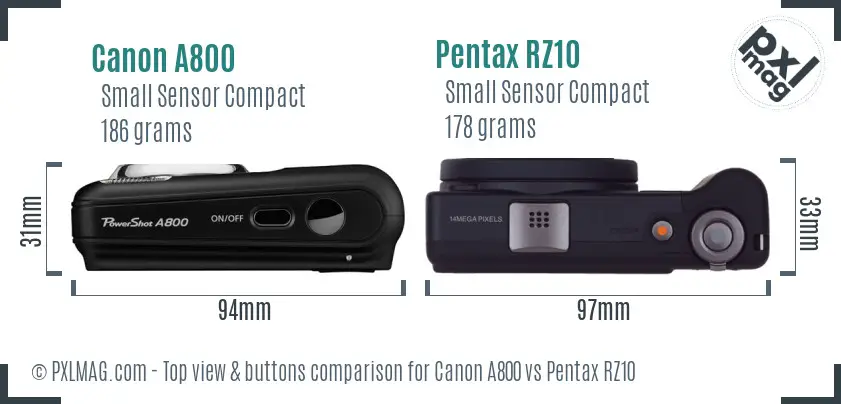 Canon A800 vs Pentax RZ10 top view buttons comparison