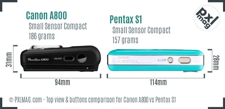 Canon A800 vs Pentax S1 top view buttons comparison