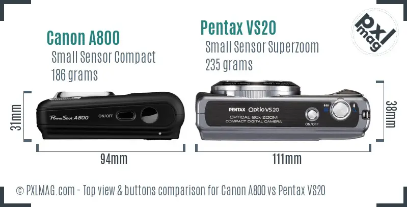 Canon A800 vs Pentax VS20 top view buttons comparison Canon A800 vs Pentax VS20 top view buttons comparison