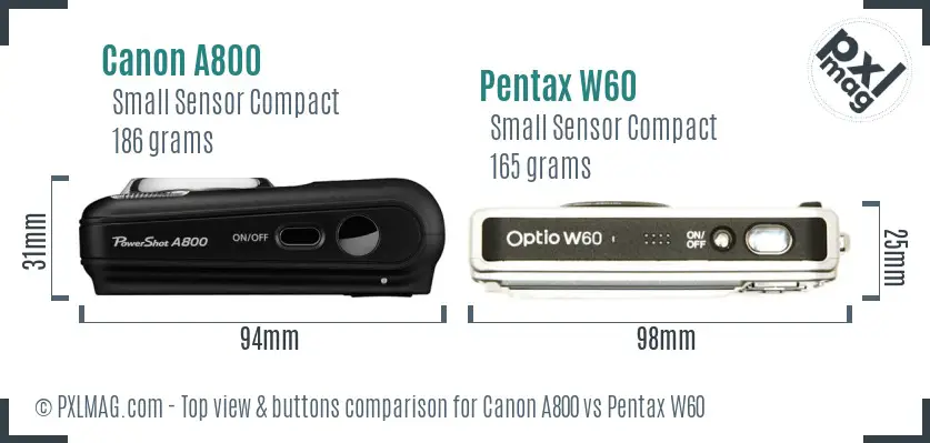 Canon A800 vs Pentax W60 top view buttons comparison Canon A800 vs Pentax W60 top view buttons comparison