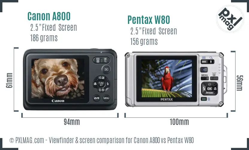 Canon A800 vs Pentax W80 Screen and Viewfinder comparison