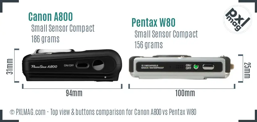 Canon A800 vs Pentax W80 top view buttons comparison