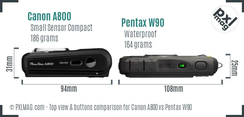 Canon A800 vs Pentax W90 top view buttons comparison Canon A800 vs Pentax W90 top view buttons comparison