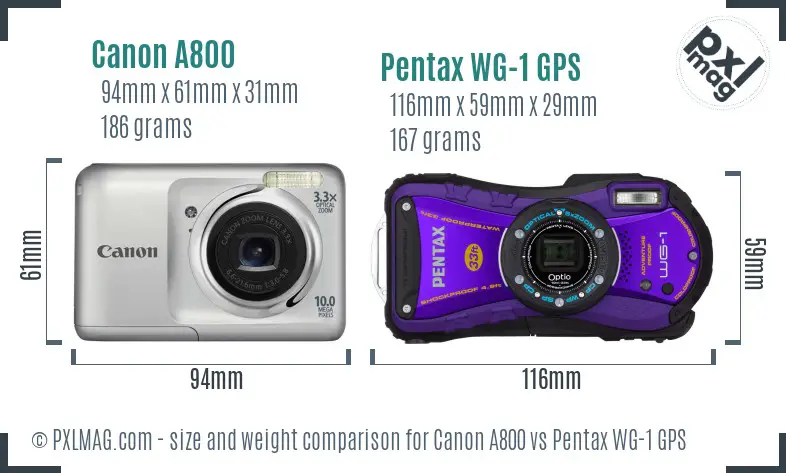Canon A800 vs Pentax WG-1 GPS size comparison