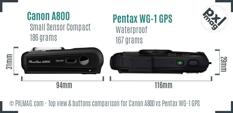 Canon A800 vs Pentax WG-1 GPS top view buttons comparison