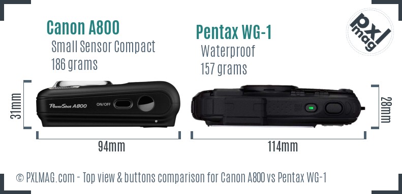 Canon A800 vs Pentax WG-1 top view buttons comparison