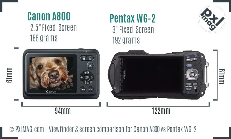 Canon A800 vs Pentax WG-2 Screen and Viewfinder comparison