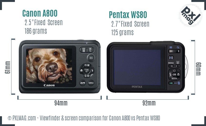Canon A800 vs Pentax WS80 Screen and Viewfinder comparison