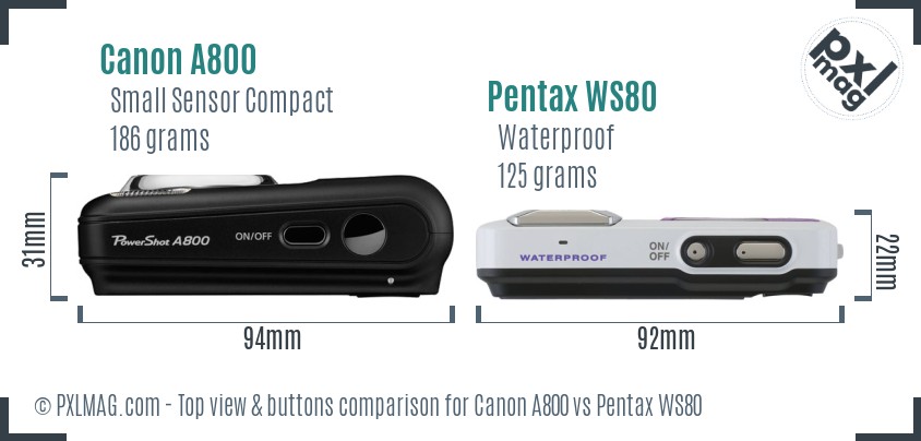 Canon A800 vs Pentax WS80 top view buttons comparison