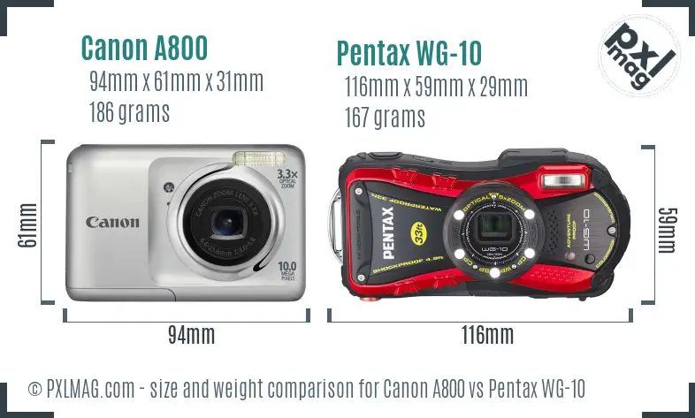 Canon A800 vs Pentax WG-10 size comparison