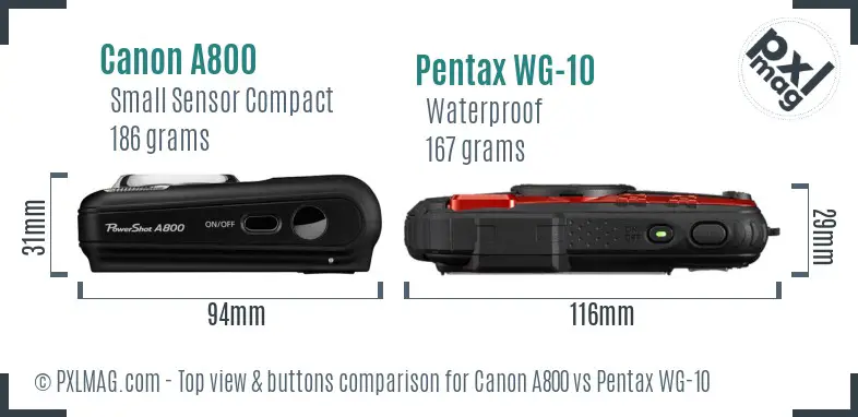 Canon A800 vs Pentax WG-10 top view buttons comparison
