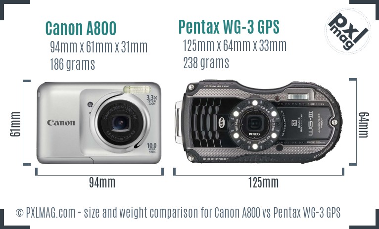 Canon A800 vs Pentax WG-3 GPS size comparison