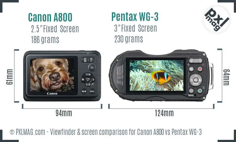 Canon A800 vs Pentax WG-3 Screen and Viewfinder comparison