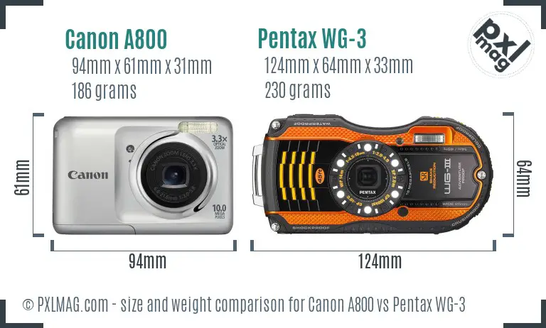 Canon A800 vs Pentax WG-3 size comparison