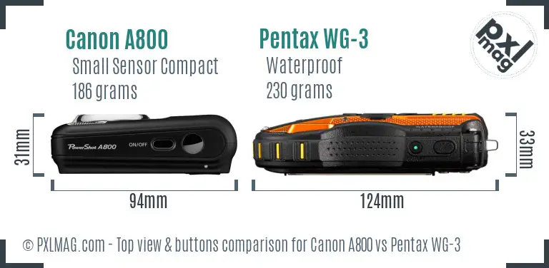 Canon A800 vs Pentax WG-3 top view buttons comparison