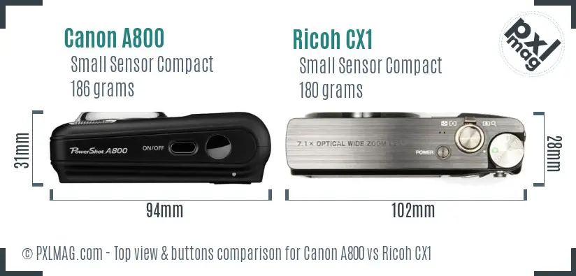 Canon A800 vs Ricoh CX1 top view buttons comparison