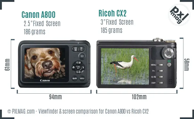 Canon A800 vs Ricoh CX2 Screen and Viewfinder comparison