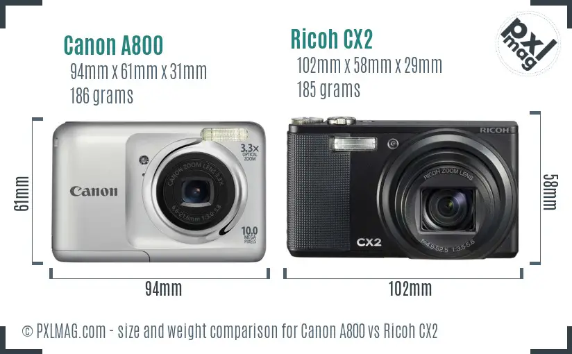 Canon A800 vs Ricoh CX2 size comparison