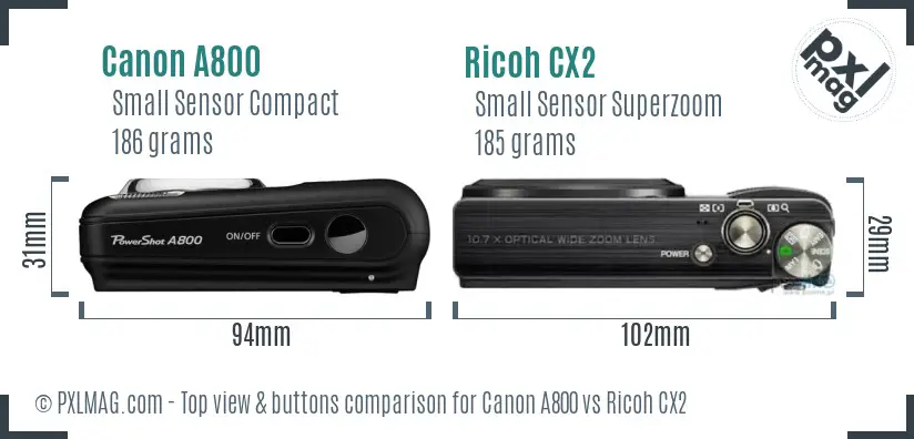 Canon A800 vs Ricoh CX2 top view buttons comparison