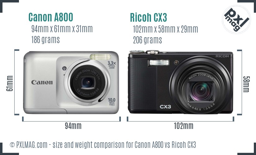 Canon A800 vs Ricoh CX3 size comparison