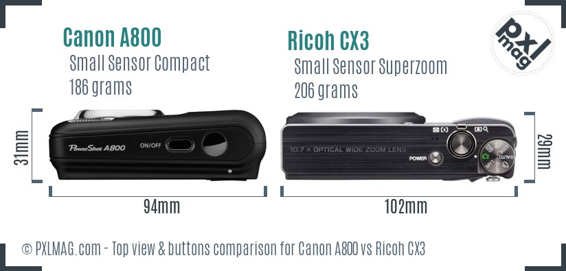 Canon A800 vs Ricoh CX3 top view buttons comparison