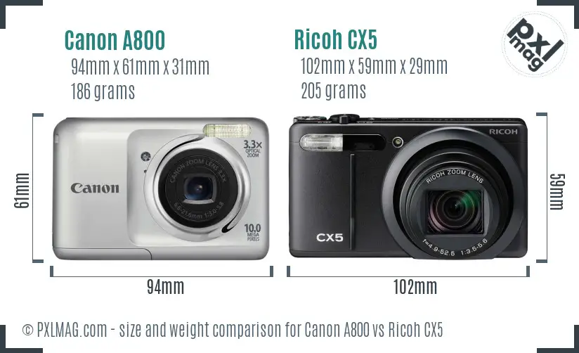 Canon A800 vs Ricoh CX5 size comparison