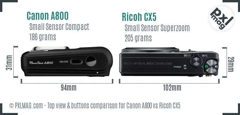 Canon A800 vs Ricoh CX5 top view buttons comparison
