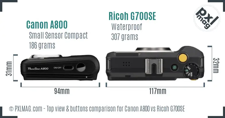 Canon A800 vs Ricoh G700SE top view buttons comparison Canon A800 vs Ricoh G700SE top view buttons comparison