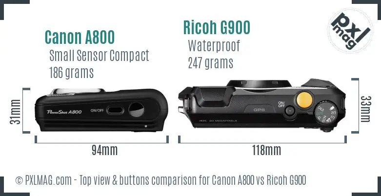 Canon A800 vs Ricoh G900 top view buttons comparison