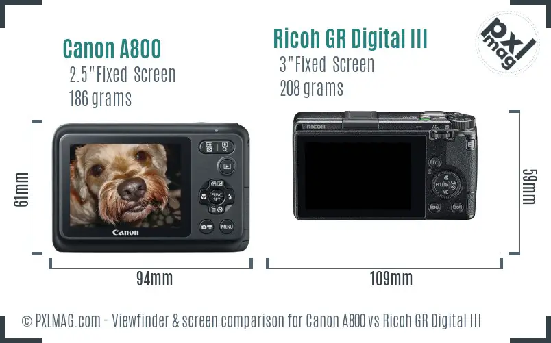 Canon A800 vs Ricoh GR Digital III Screen and Viewfinder comparison
