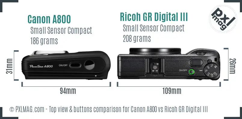 Canon A800 vs Ricoh GR Digital III top view buttons comparison