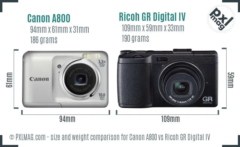 Canon A800 vs Ricoh GR Digital IV size comparison