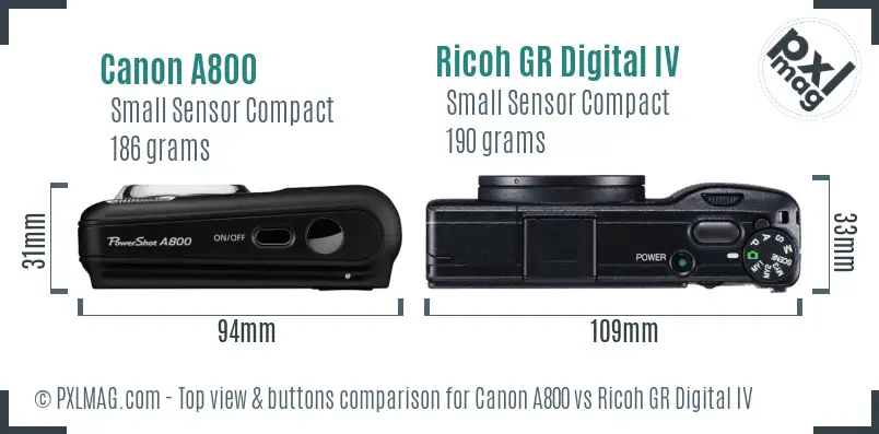 Canon A800 vs Ricoh GR Digital IV top view buttons comparison
