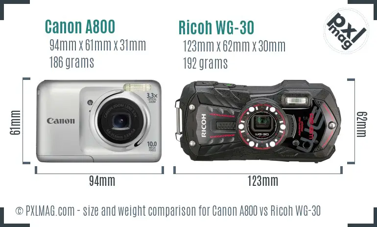 Canon A800 vs Ricoh WG-30 size comparison