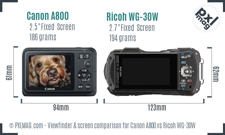 Canon A800 vs Ricoh WG-30W Screen and Viewfinder comparison
