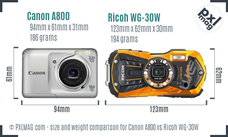 Canon A800 vs Ricoh WG-30W size comparison