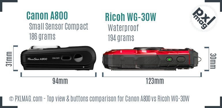 Canon A800 vs Ricoh WG-30W top view buttons comparison